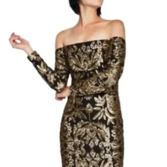 Nicole by Nicole Miller | Dresses | Nicole Miller Off The Shoulder Black  And Gold Sequin Dress | Poshmark